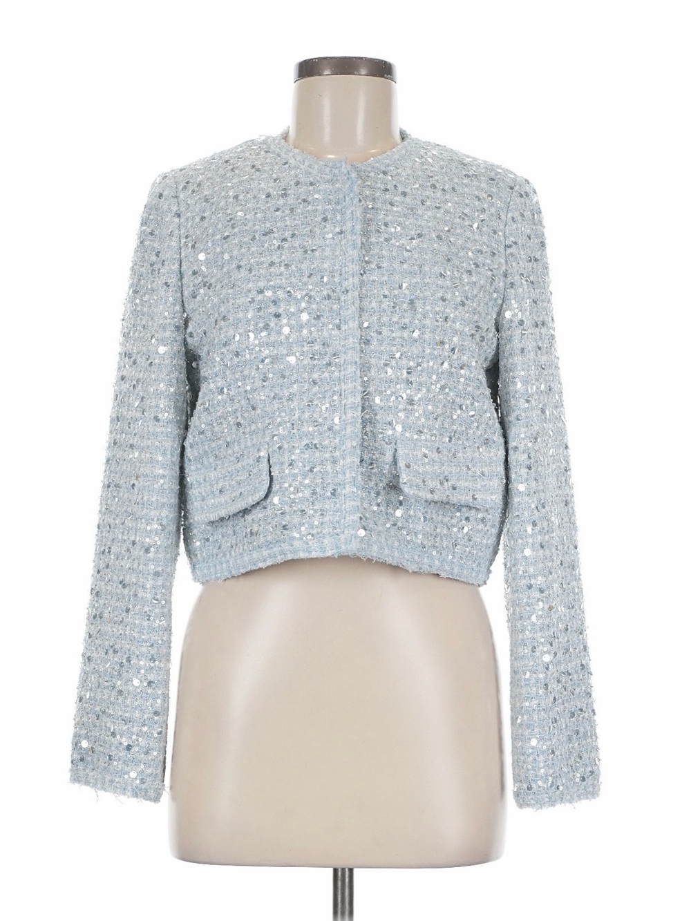 Zara Light Blue Sequin Tweed Cropped Blazer